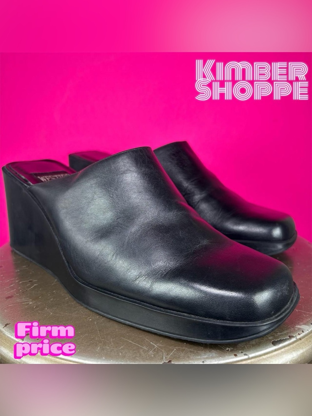Westies Koren Black Leather Square Toe Wedge Mule US 8.5 UK 6.5